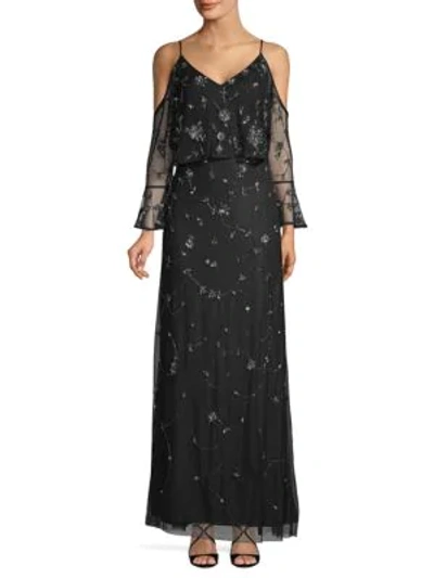 Adrianna Papell Beaded Cold Shoulder Gown In Black