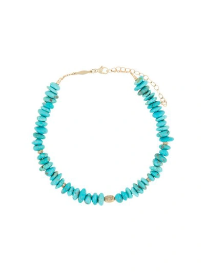 Jacquie Aiche 14kt Yellow Gold Pave Diamond Disc Turquoise Bead Anklet In Blue