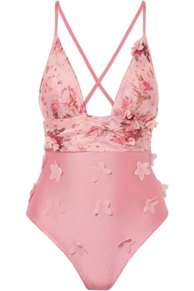 Elena Makri Hebe Appliquéd Floral-print Swimsuit In Baby Pink