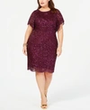 Adrianna Papell Plus Size Beaded Flutter-sleeve Dress In Cabernet