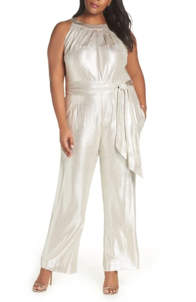 Tahari Metallic High Neck Jumpsuit In Ivory/ Silver