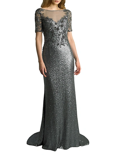 Basix Black Label Embellished Sequin Illusion Neckline Gown In Charcoal