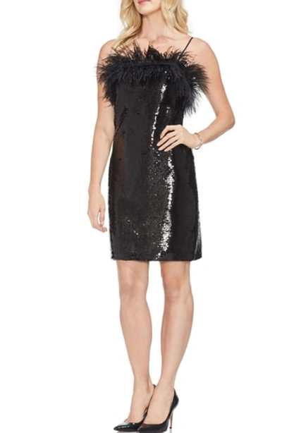 Vince Camuto Feather Detail Sequin Dress In Rich Black