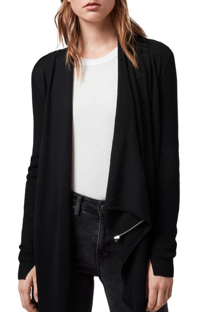 Allsaints Drina Ribbed Merino Wool Cardigan In Black