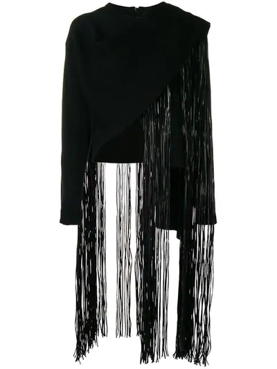 Valentino Leather Fringe Knit Sweater In Black