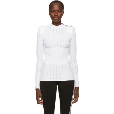 Balmain White Rib Knit Sweater In C0001 Blanc