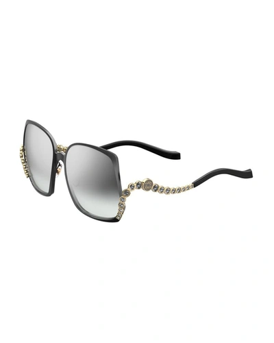 Elie Saab Square Titanium Sunglasses W/ Crystal Wave Arms In Black/gold