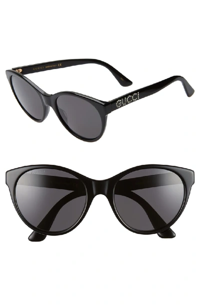 Gucci 54mm Round Cat Eye Sunglasses - Black/ Crystal/ Solid Grey