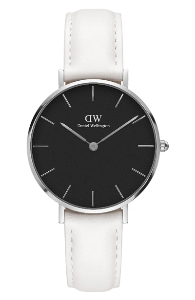 Daniel Wellington Classic Petite Leather Strap Watch, 32mm In White/ Black/ Silver