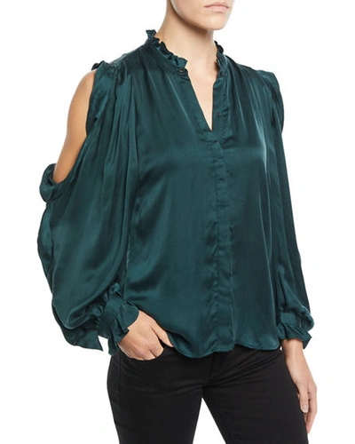 7 For All Mankind Cold-shoulder Ruffle Button-front Top In Dark Forest Green