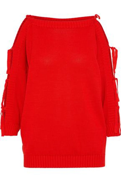Cotton By Autumn Cashmere Woman Cutout Knotted Ribbed Cotton Sweater Red