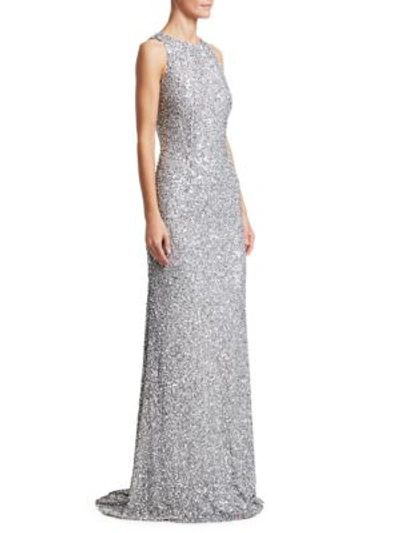 Theia Sleeveless Sequin Sheath Gown In Silver