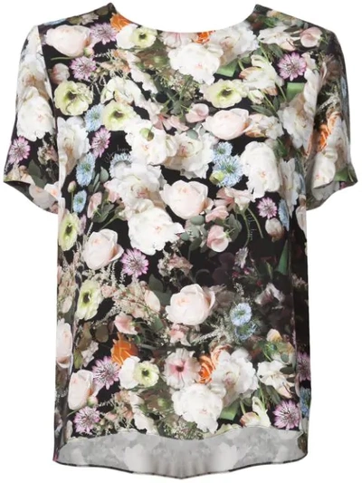 Adam Lippes Crewneck Short-sleeve Floral-print Silk Crepe Top In Black