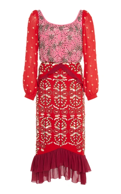 Saloni Ruffled Embellished Silk-chiffon Midi Dress In Red Multi