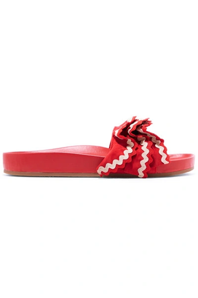 Loeffler Randall Olive Ruffled Rickrack-trimmed Suede And Leather Slides In Red