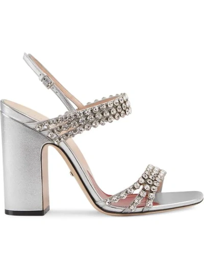 Gucci Metallic Leather Sandal With Crystals In Silver Metallic Leather