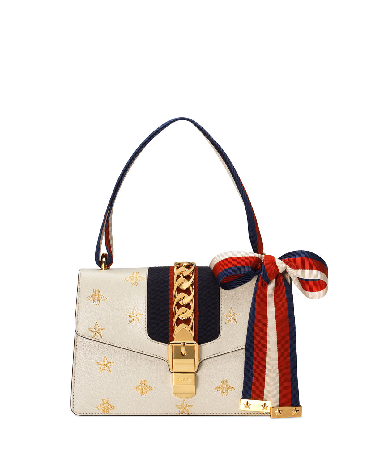 Gucci Sylvie Small Bee & Star Shoulder Bag, White/gold | ModeSens
