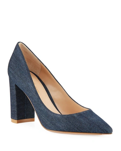 Gianvito Rossi Denim Pointed-toe Pumps With Chunky Heel In Blue