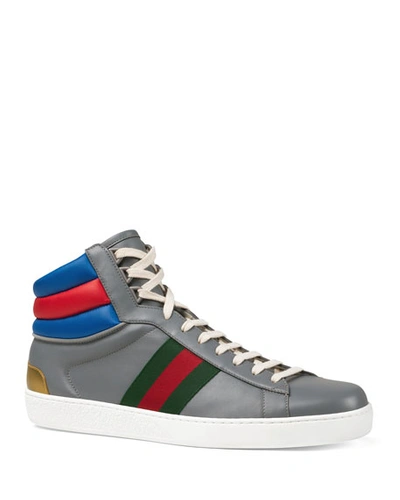 Gucci Men's Ace Colorblock Leather High-top Sneakers In Gray