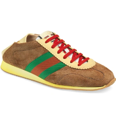 Gucci Men's Suede Fold-down Sneakers With Web In Khaki Brown