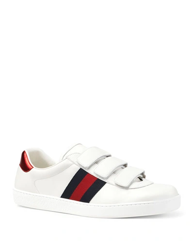 Gucci Men's Leather Grip-strap Sneakers With Web In White