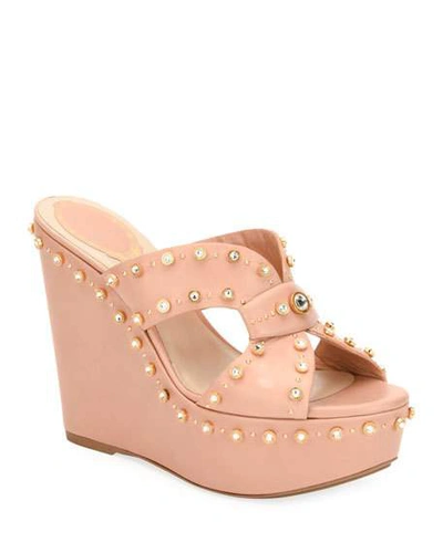 René Caovilla Studded Platform Wedge Slide Sandals In Tan