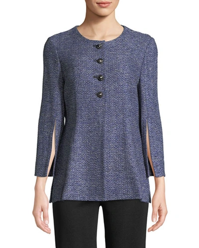 Misook Plus Size Tweed Button-front Jacket W/split Sleeves In M Blue/blk/marble