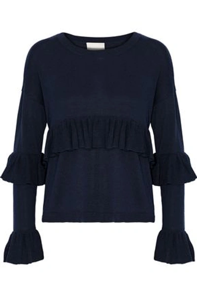 Cinq À Sept Woman Phillipa Ruffled Silk And Cashmere-blend Sweater Navy