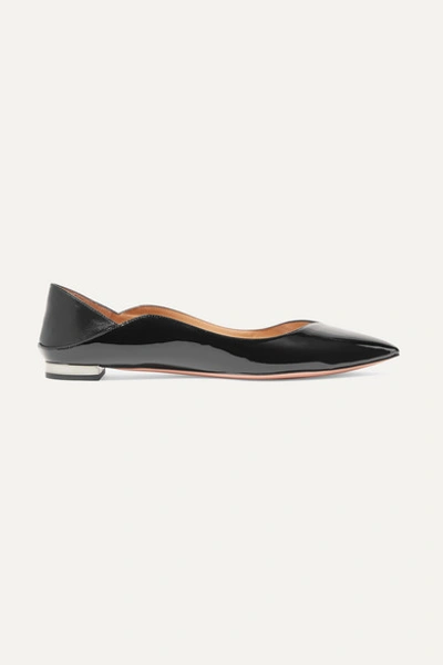 Aquazzura Zen Smooth And Patent-leather Collapsible-heel Point-toe Flats In Black