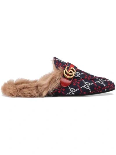 Gucci Men's Princetown Diamond Jacquard Slippers With Double G In Blue