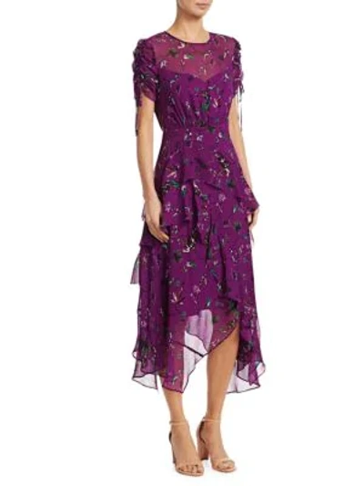 Tanya Taylor Vines Print Tiered Silk Handkerchief Dress In Purple