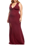 Dress The Population Sandra Plunge Gown In Burgundy