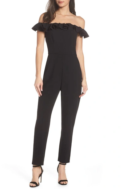 French Connection Off The Shoulder Ruffle Jumpsuit In Black