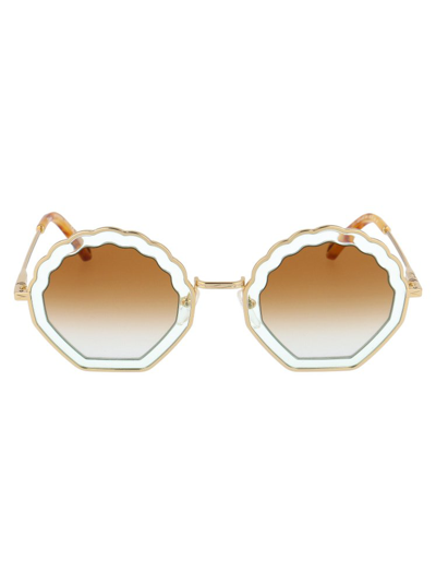 Chloé Tally Scalloped Round-frame Sunglasses In 834 Gold Azure/gradient Brown