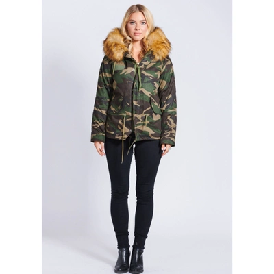 Popski London Fabulous Faux Camouflage Parka Jacket With Faux Fur Collar Natural In Camouflage With Natu