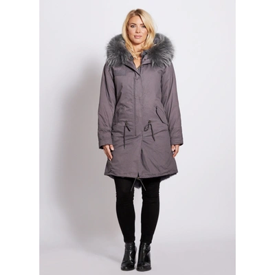 Popski London Grey 3-4 Length Parka With Matching Raccoon Fur Collar