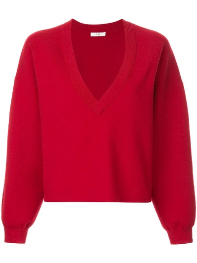 Tibi Cherry Red Sculpted Wool V Neck Cropped Pullover