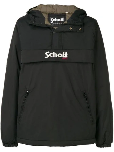 Schott Logo-embroidered Shell Hooded Jacket In Black