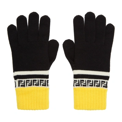 Fendi Black And Yellow Wool Forever  Gloves In F0748 Blk Y