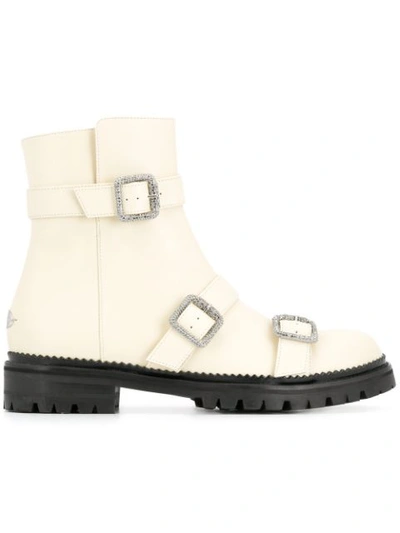 Jimmy Choo Hank Triple-strap Leather Moto Boots In Ivory