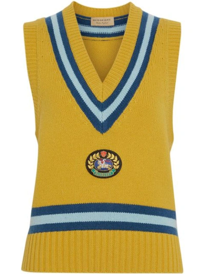 Burberry Embroidered Crest Wool Cashmere Tank Top In Yellow