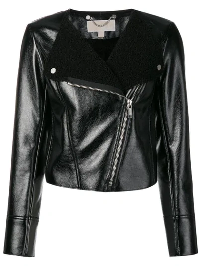 Michael Michael Kors Faux-shearling Zip-front Patent Moto Jacket In 001 Black