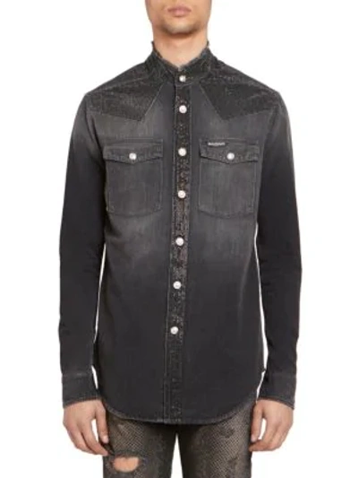 Balmain Western Destroyed Denim Shirt In Black