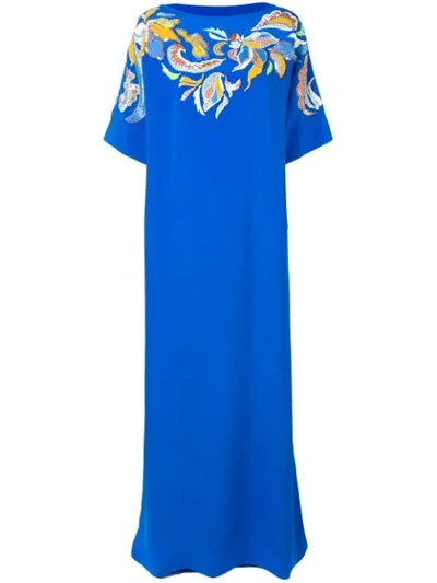 Emilio Pucci Floral Embroidered Silk Kaftan Dress In Blue