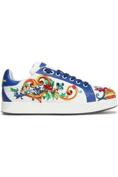 Dolce & Gabbana Woman Portofino Crystal-embellished Embroidered Leather Sneakers Blue