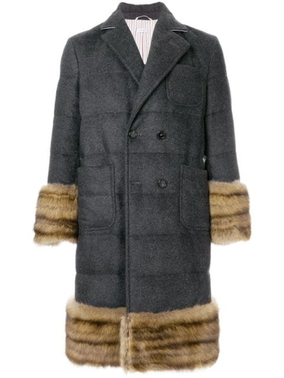 Thom Browne Striped Down Fill Cashmere Overcoat - Grey In Grey