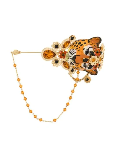 Dolce & Gabbana Embellished Tiger Brooche In Gold