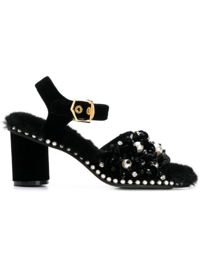 Suecomma Bonnie Faux Fur Embellished Sandals In Black