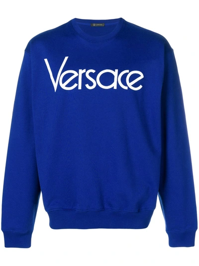 Versace Cotton Logo Sweatshirt In Blue