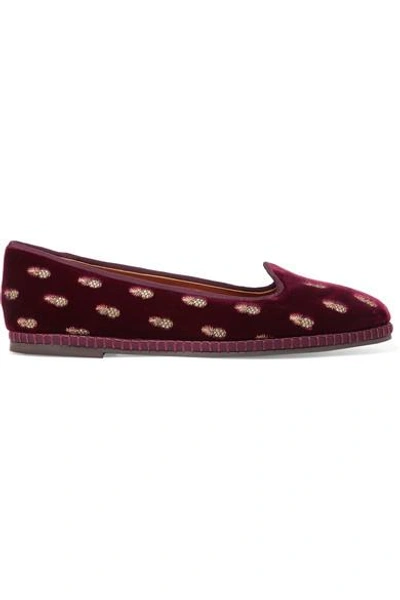 Aquazzura Woman Ananas Embroidered Velvet Slippers Claret In Ruby Red